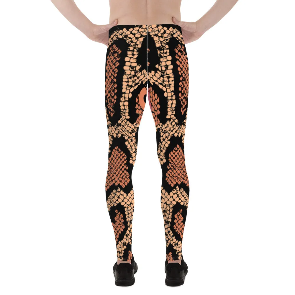 Pink Orange Snake Men's Leggings, Best Snake Print Men's Leggings Designer Running Tights- Made in USA/EU/MX