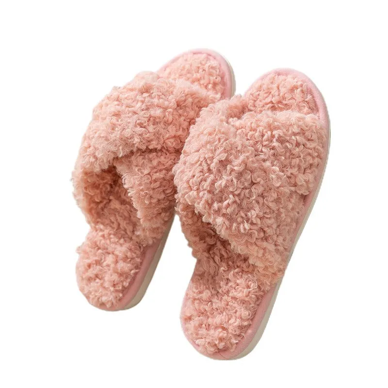 Plush cross strap cotton slippers for women at home skin friendly plush slippers for women