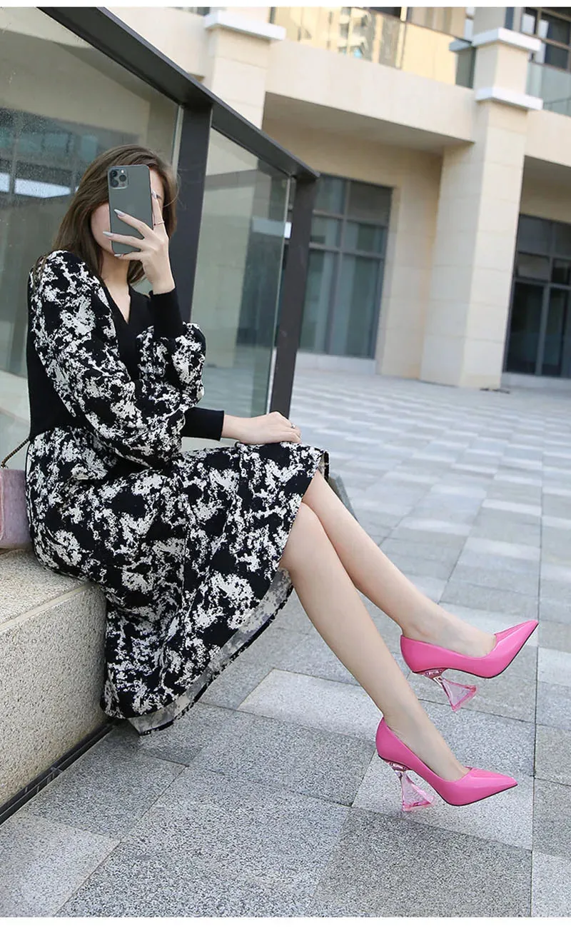 Pointed Toe Transparent Square Heel Shoes