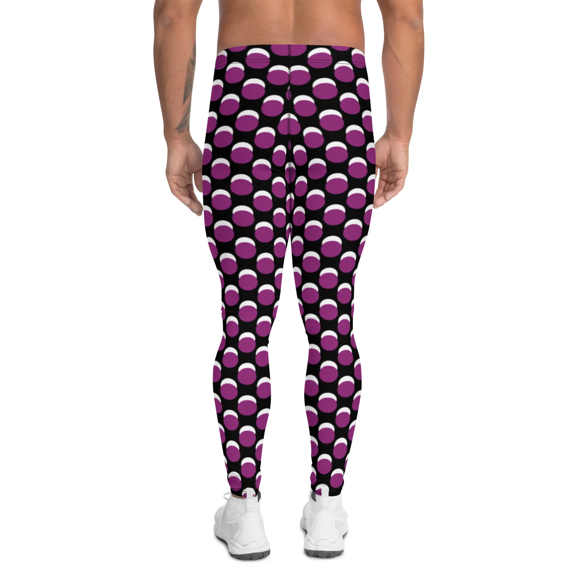 Purple Black Dotted Men's Leggings, Dots Pattern Designer Running Compression Tights For Men - Made in USA/EU/MX