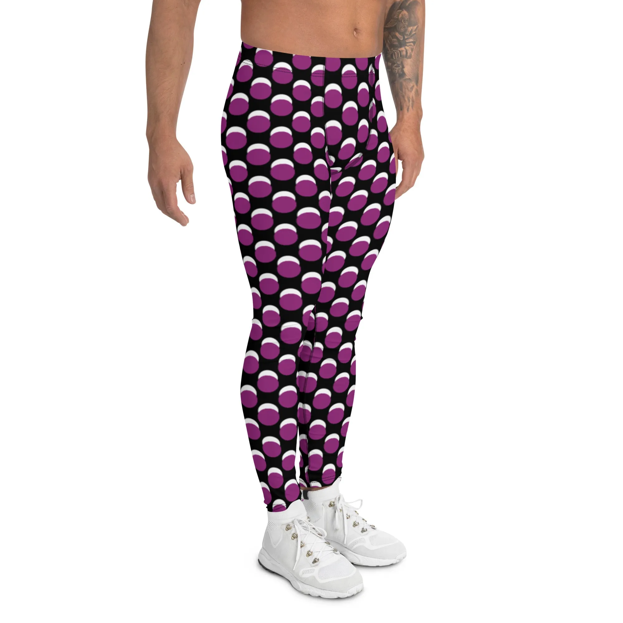 Purple Black Dotted Men's Leggings, Dots Pattern Designer Running Compression Tights For Men - Made in USA/EU/MX