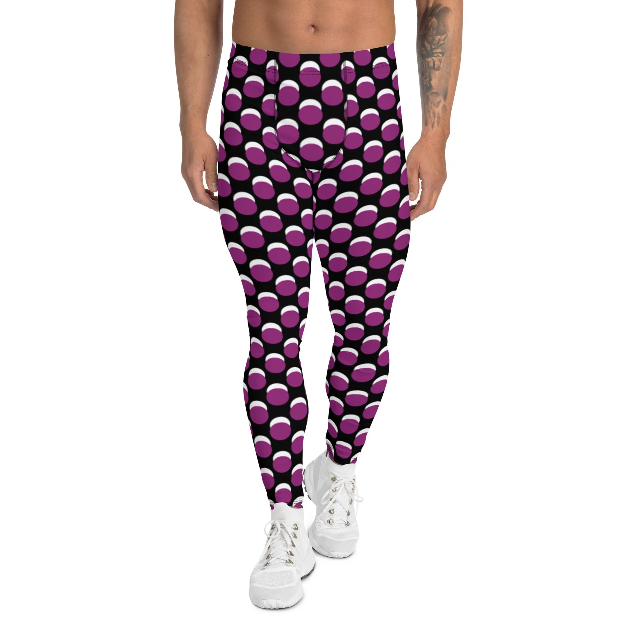 Purple Black Dotted Men's Leggings, Dots Pattern Designer Running Compression Tights For Men - Made in USA/EU/MX