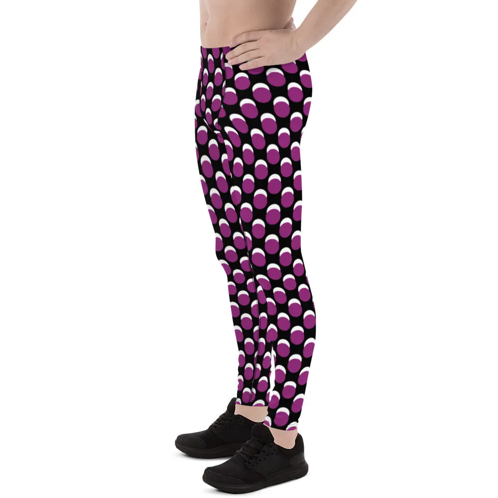 Purple Black Dotted Men's Leggings, Dots Pattern Designer Running Compression Tights For Men - Made in USA/EU/MX