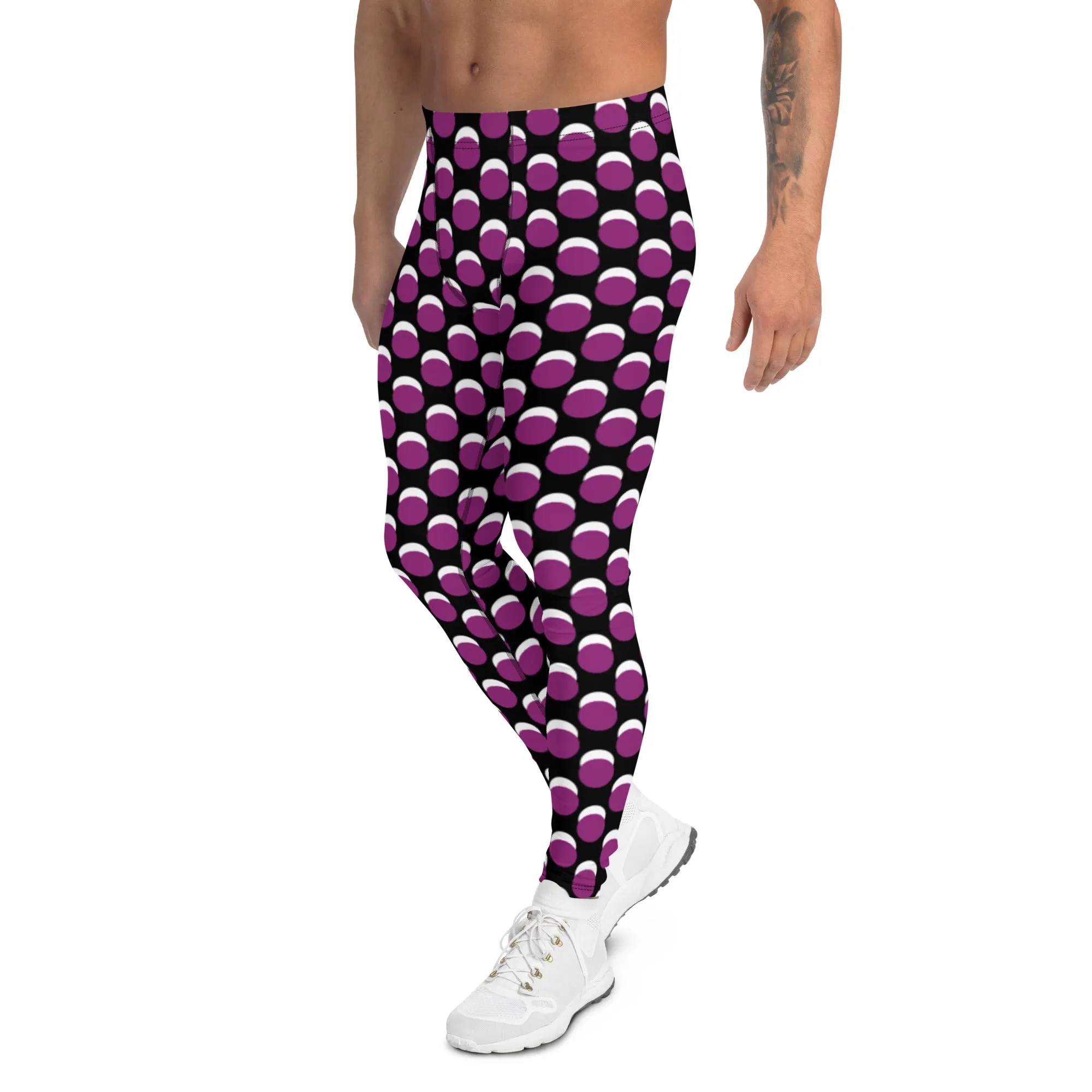 Purple Black Dotted Men's Leggings, Dots Pattern Designer Running Compression Tights For Men - Made in USA/EU/MX