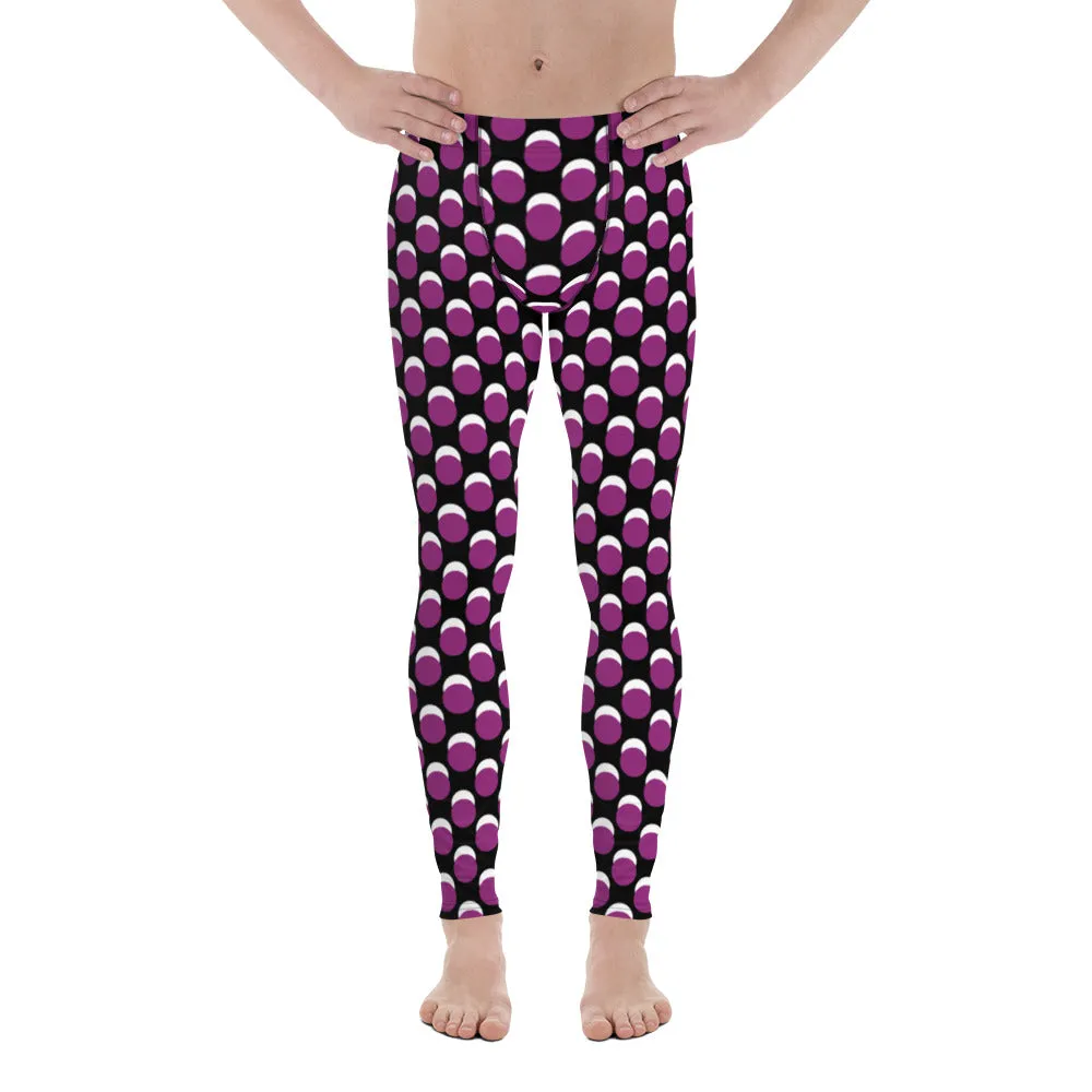 Purple Black Dotted Men's Leggings, Dots Pattern Designer Running Compression Tights For Men - Made in USA/EU/MX