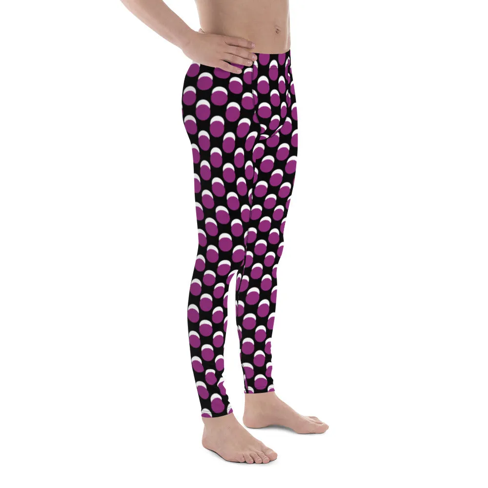 Purple Black Dotted Men's Leggings, Dots Pattern Designer Running Compression Tights For Men - Made in USA/EU/MX