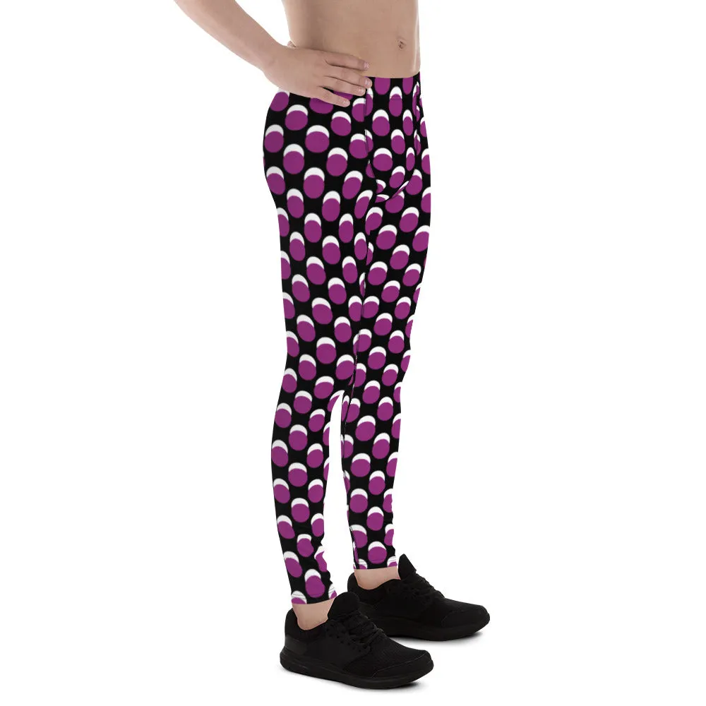 Purple Black Dotted Men's Leggings, Dots Pattern Designer Running Compression Tights For Men - Made in USA/EU/MX