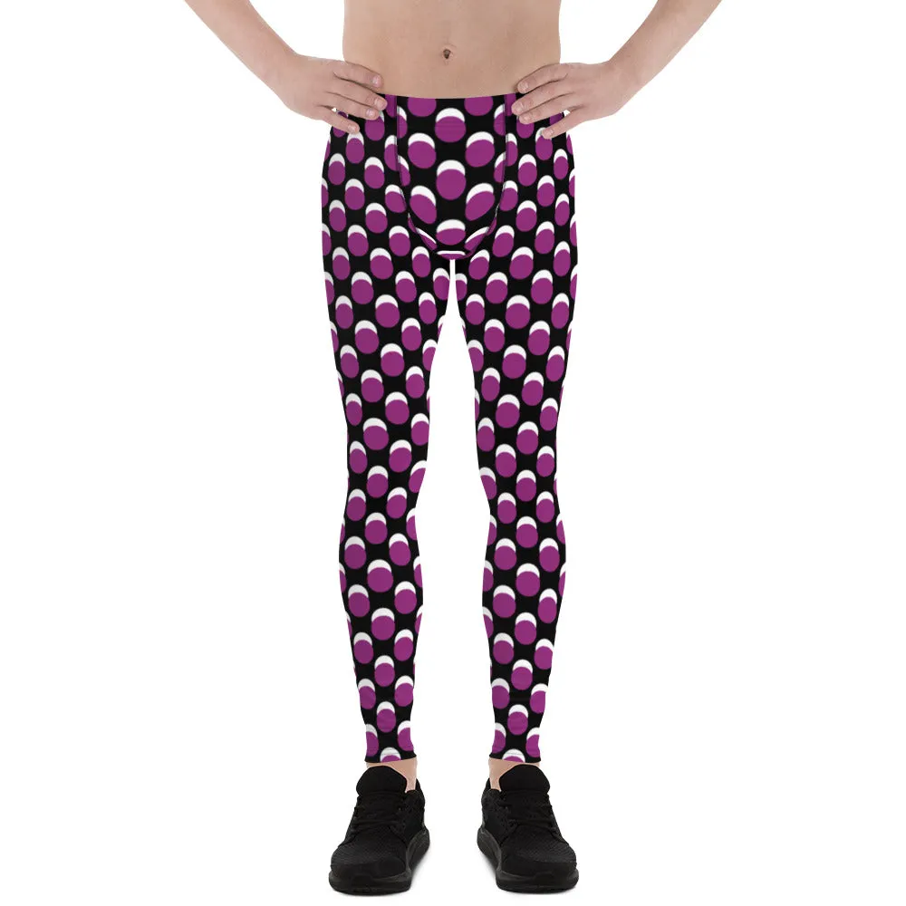 Purple Black Dotted Men's Leggings, Dots Pattern Designer Running Compression Tights For Men - Made in USA/EU/MX