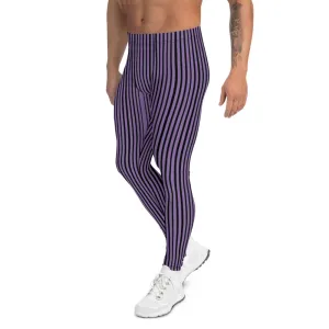 Purple Black Striped Men's Leggings, Modern Stripes Meggings Tights-Made in USA/EU/MX