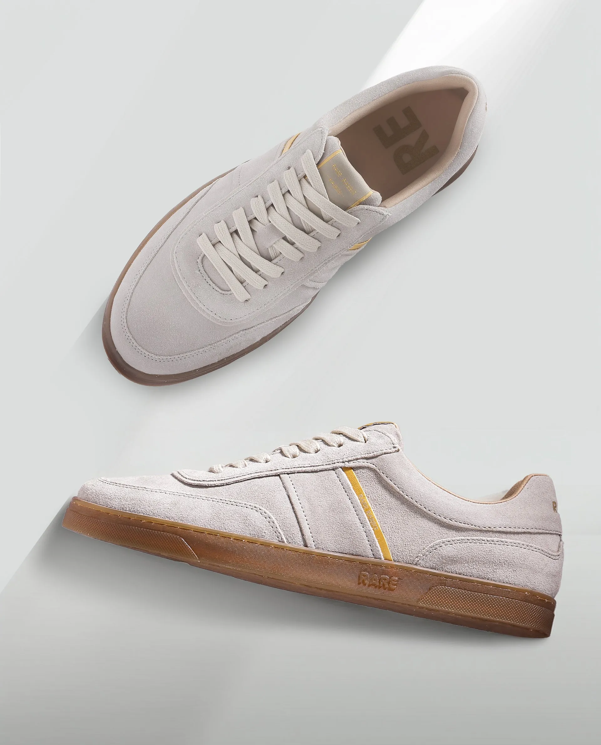 Rare Rabbit Men Kairos Light Beige Premium Suede Leather Low-Top Lace-Up Sneaker Shoes