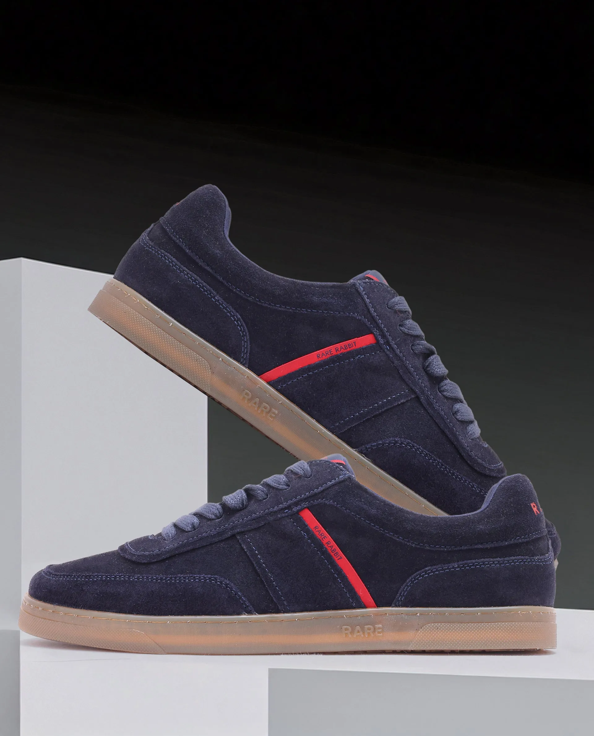 Rare Rabbit Men Kairos Navy Premium Suede Leather Low-Top Lace-Up Sneaker Shoes