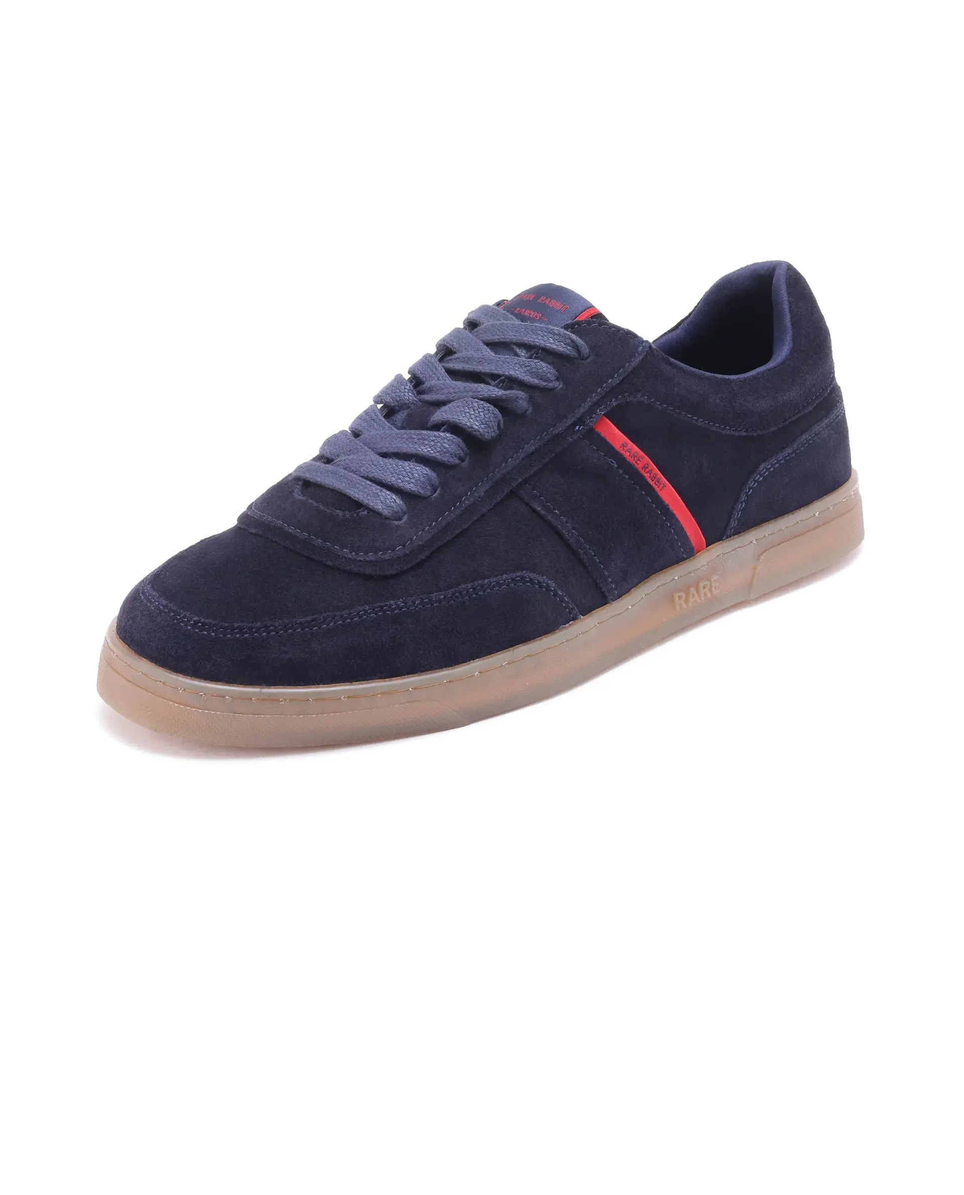 Rare Rabbit Men Kairos Navy Premium Suede Leather Low-Top Lace-Up Sneaker Shoes