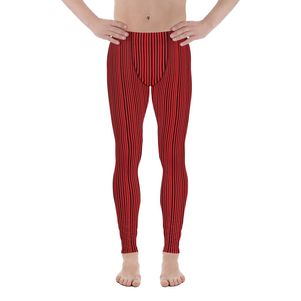 Red Black Striped Men's Leggings, Modern Stripes Designer Meggings Tights-Made in USA/EU