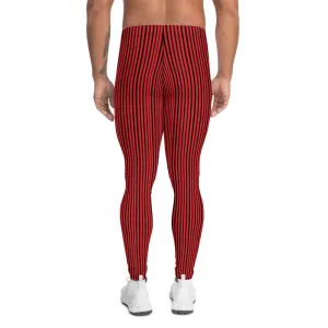 Red Black Striped Men's Leggings, Modern Stripes Designer Meggings Tights-Made in USA/EU