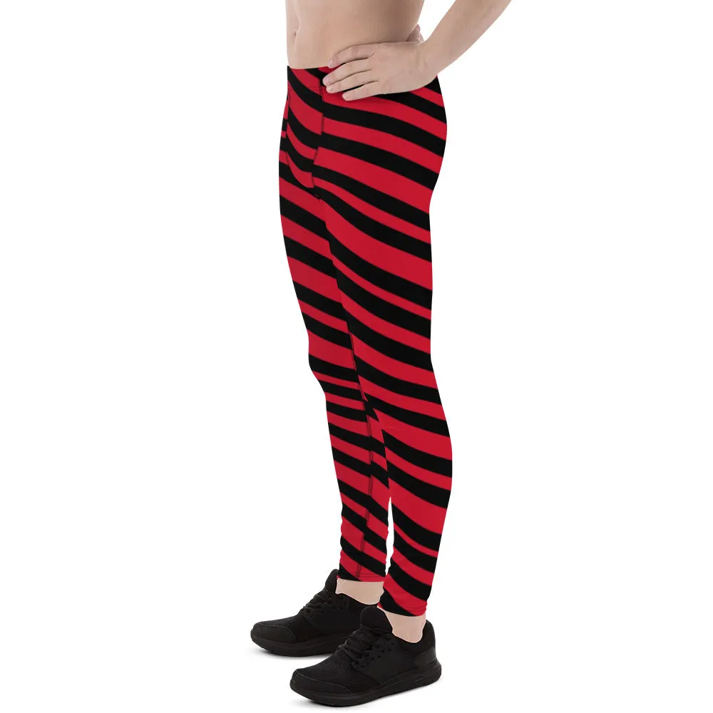 Red Black Striped Men's Leggings, Striped Colors Men's Leggings, Colorful Red Black Stripes Gym Tights For Men - Made in USA/EU/MX