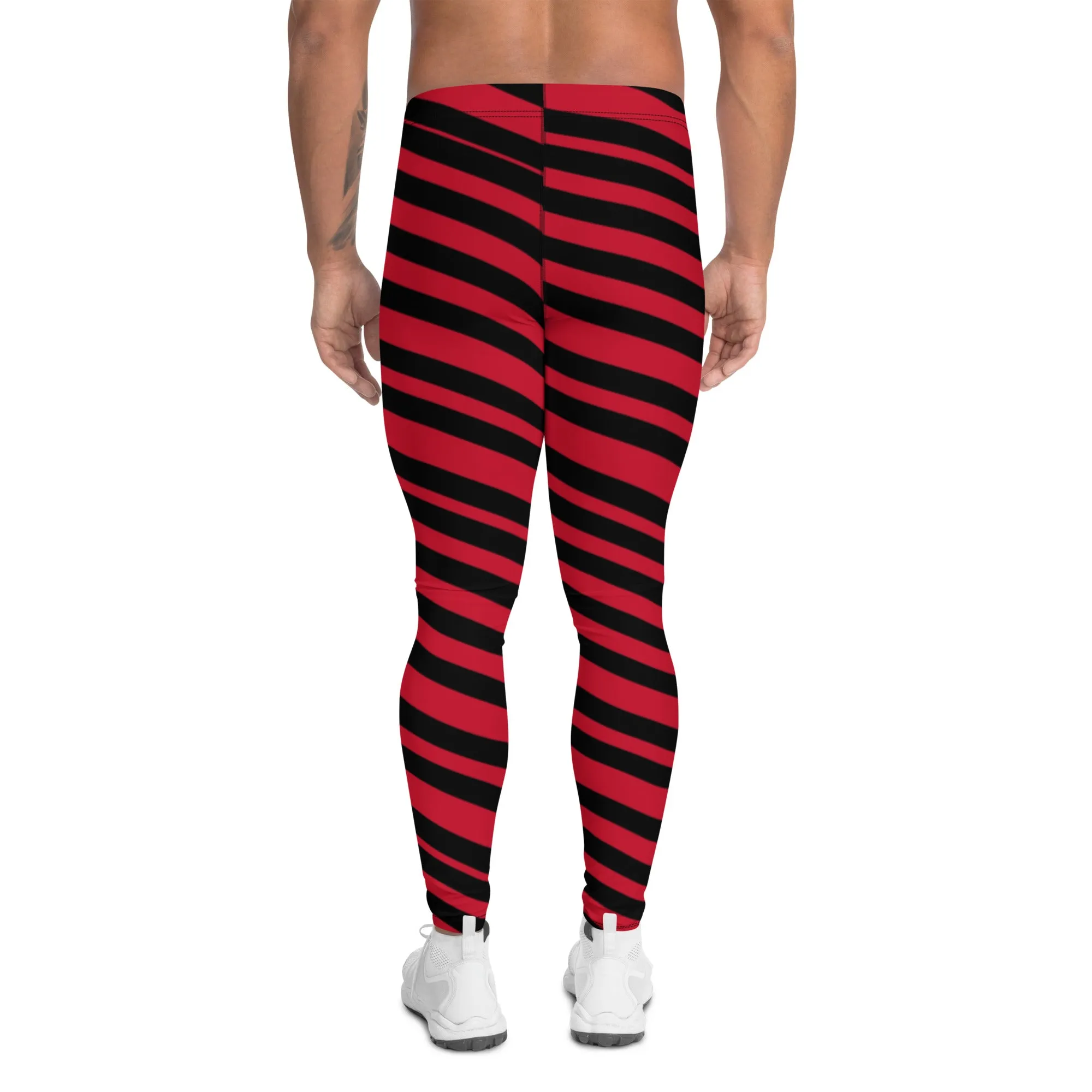 Red Black Striped Men's Leggings, Striped Colors Men's Leggings, Colorful Red Black Stripes Gym Tights For Men - Made in USA/EU/MX