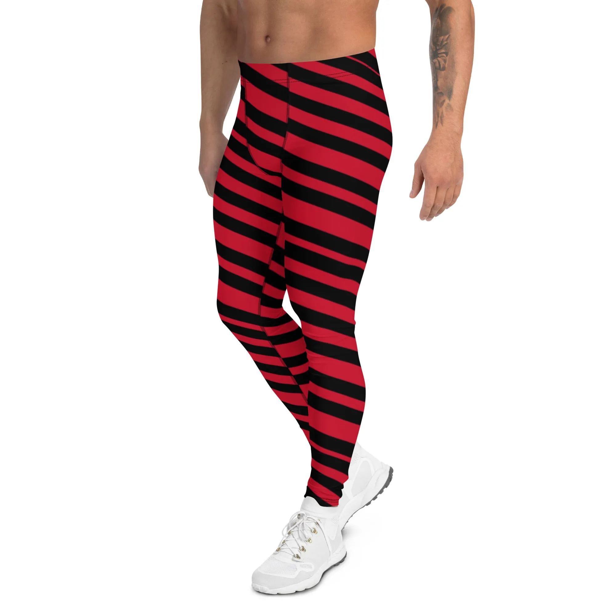 Red Black Striped Men's Leggings, Striped Colors Men's Leggings, Colorful Red Black Stripes Gym Tights For Men - Made in USA/EU/MX