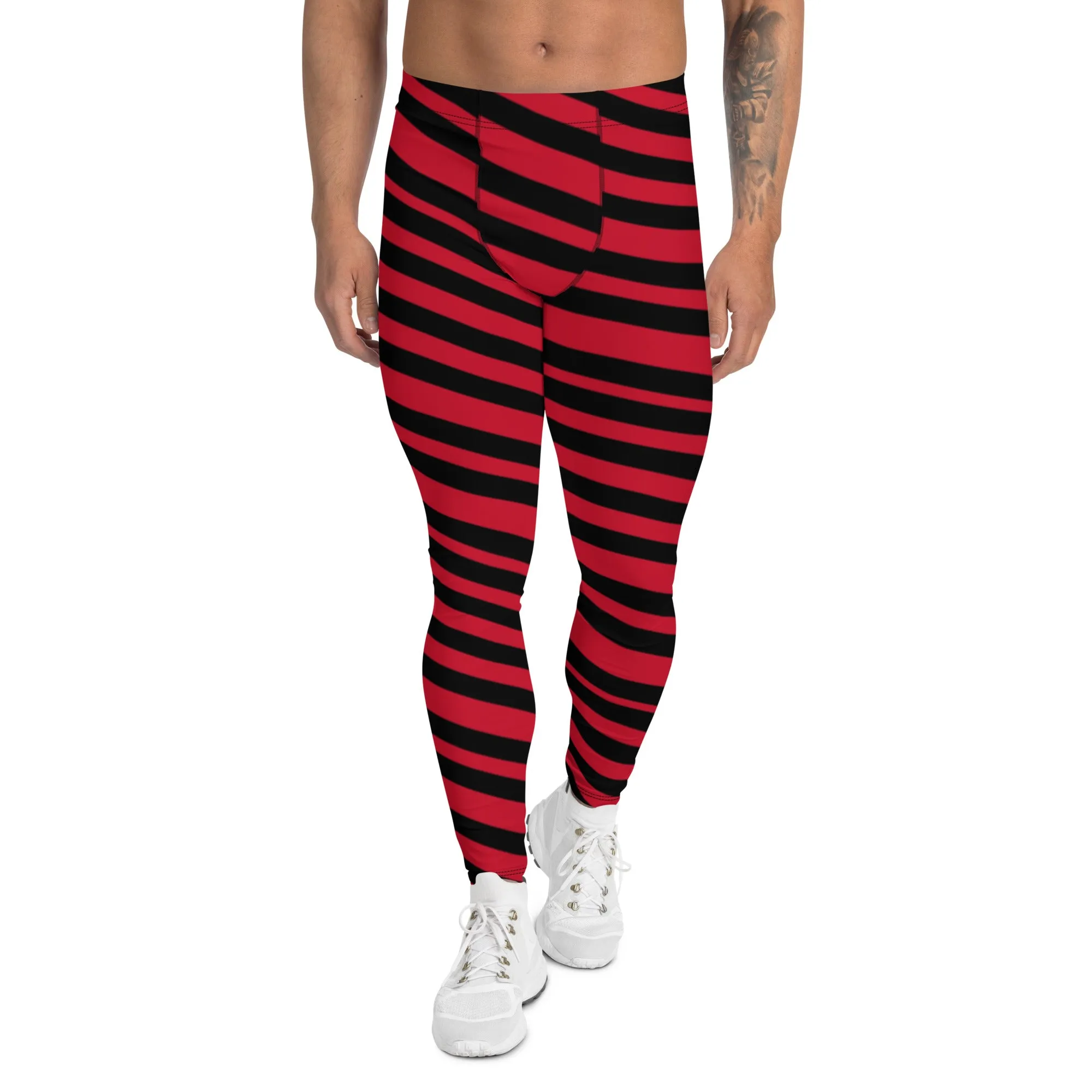 Red Black Striped Men's Leggings, Striped Colors Men's Leggings, Colorful Red Black Stripes Gym Tights For Men - Made in USA/EU/MX