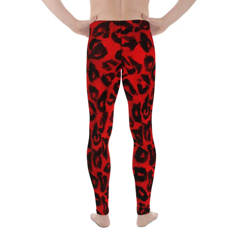 Red Hot Leopard Animal Print Spandex Men's Leggings Running Tights- Made in USA/EU