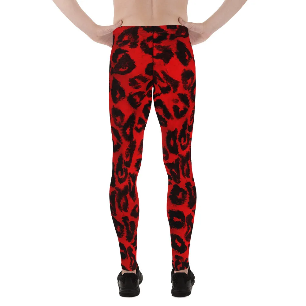 Red Hot Leopard Animal Print Spandex Men's Leggings Running Tights- Made in USA/EU