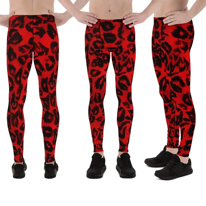 Red Hot Leopard Animal Print Spandex Men's Leggings Running Tights- Made in USA/EU