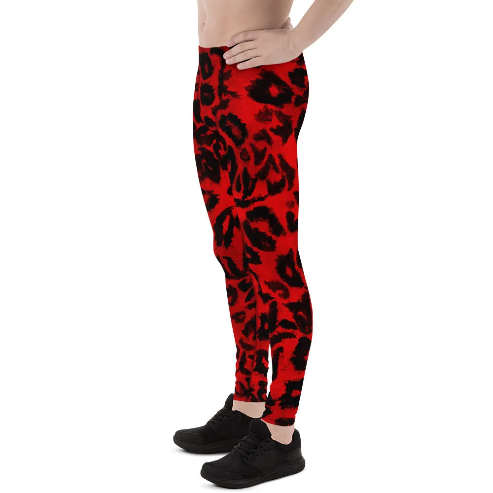 Red Hot Leopard Animal Print Spandex Men's Leggings Running Tights- Made in USA/EU