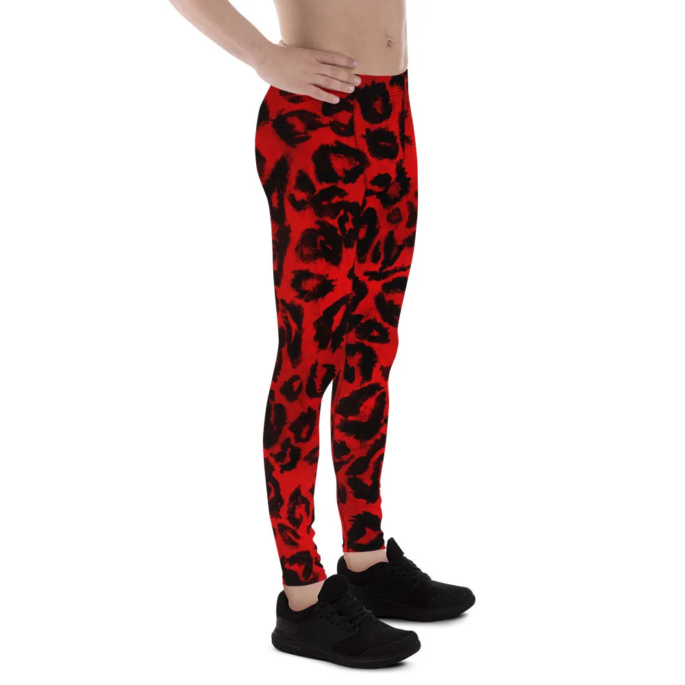 Red Hot Leopard Animal Print Spandex Men's Leggings Running Tights- Made in USA/EU