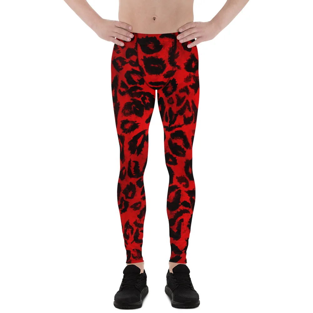 Red Hot Leopard Animal Print Spandex Men's Leggings Running Tights- Made in USA/EU