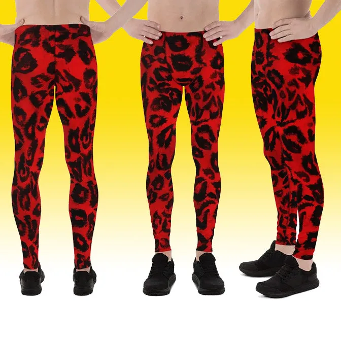 Red Hot Leopard Animal Print Spandex Men's Leggings Running Tights- Made in USA/EU