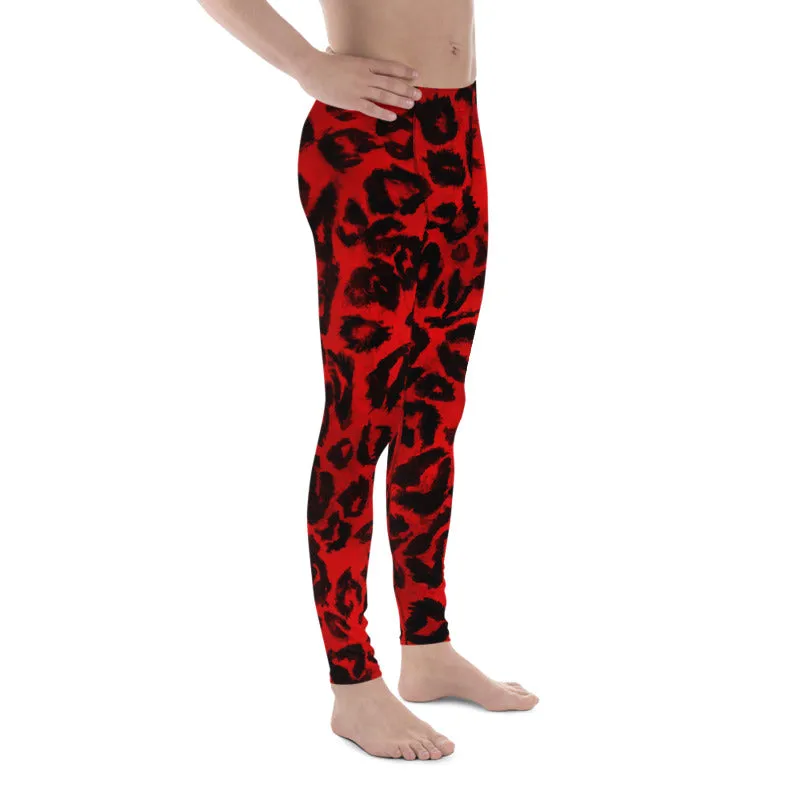 Red Hot Leopard Animal Print Spandex Men's Leggings Running Tights- Made in USA/EU