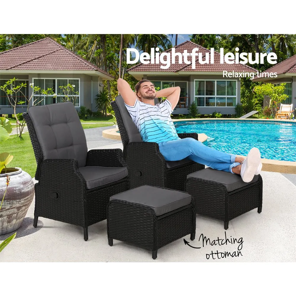 Set of 2 Ella Outdoor Recliner Patio Chairs Black