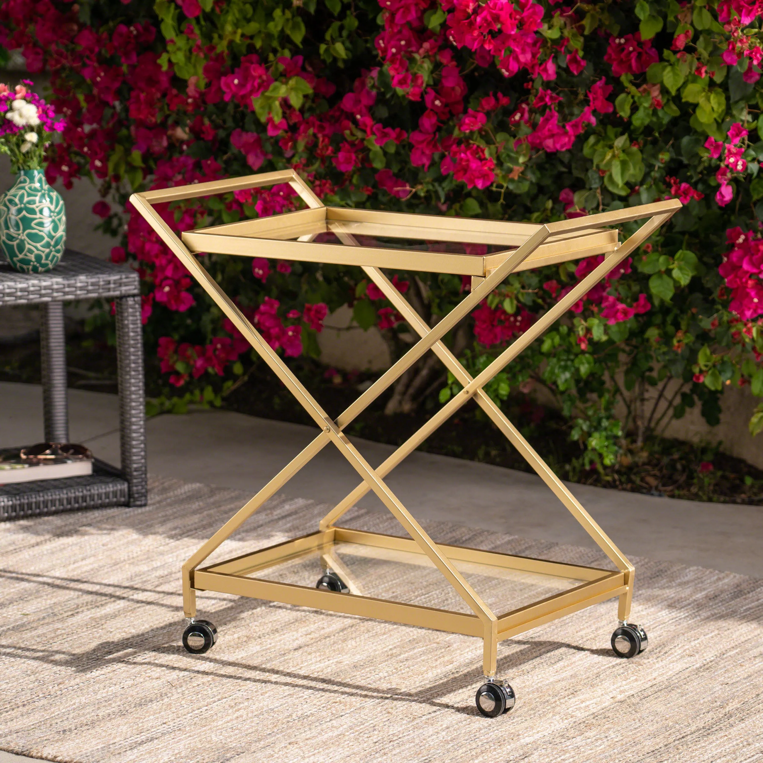 Sherianne Industrial Iron Bar Cart with Tempered Glass