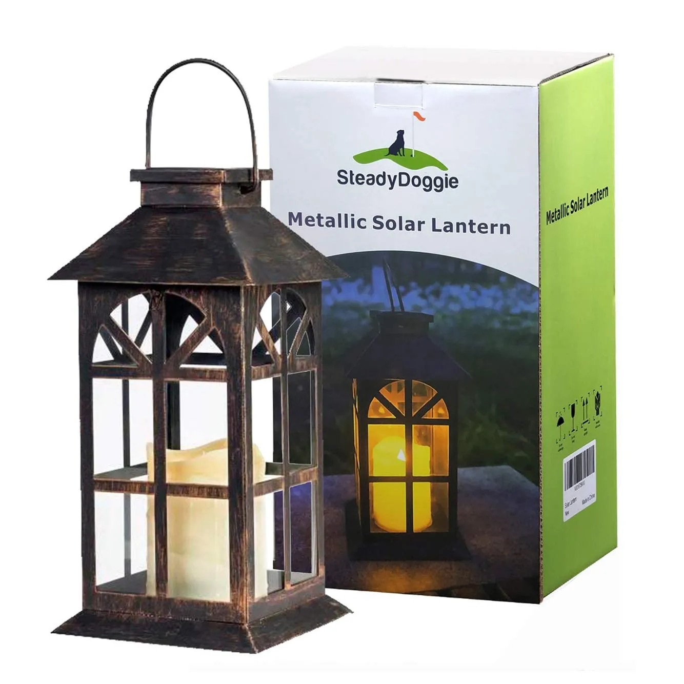 Solar Lantern Outdoor Classic Decor Bronze Antique Metal and Glass Construction Mission