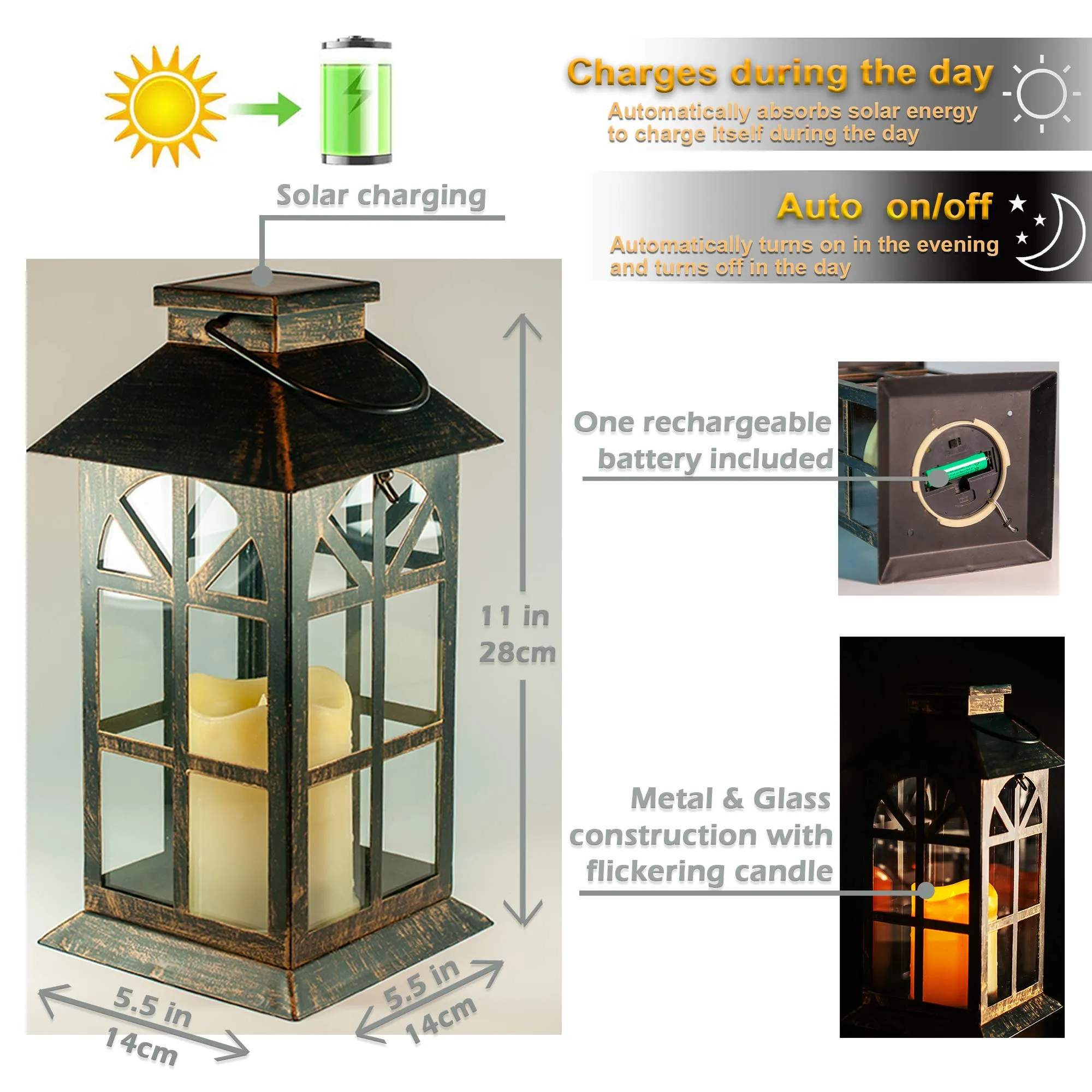 Solar Lantern Outdoor Classic Decor Bronze Antique Metal and Glass Construction Mission