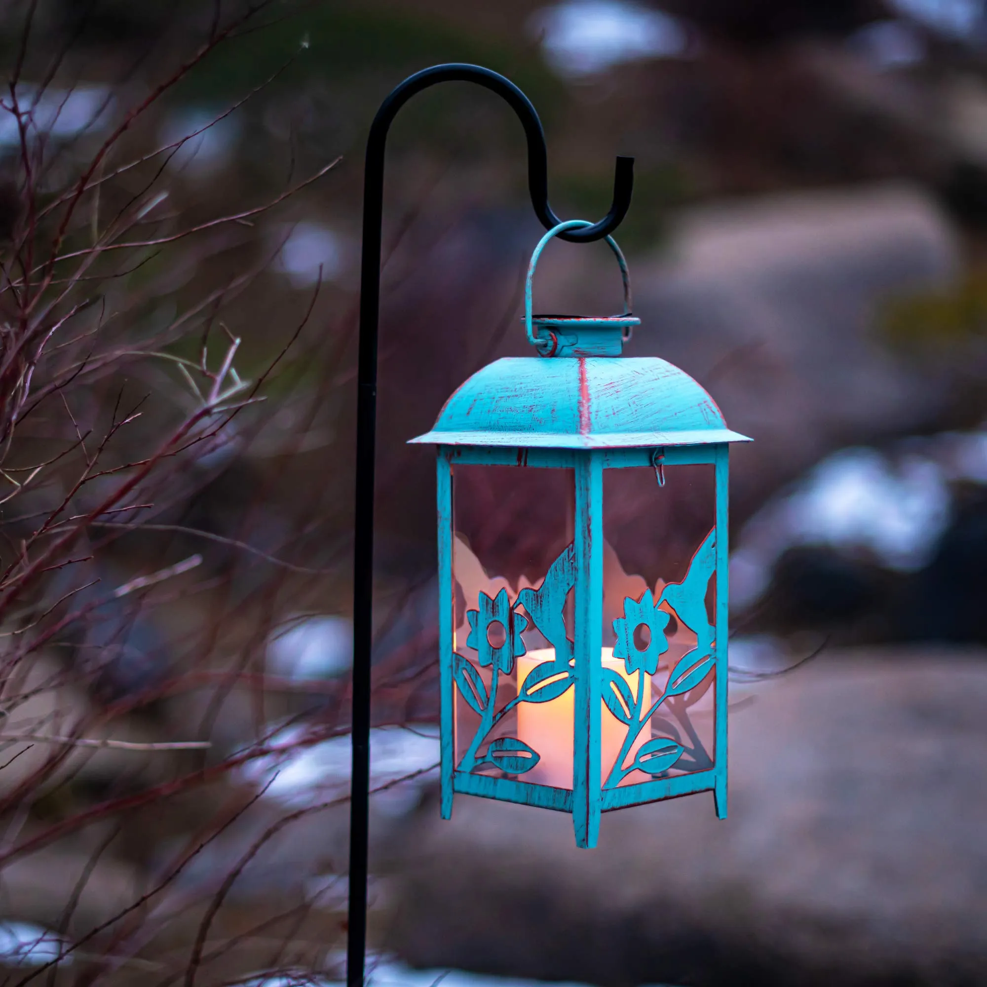 Solar Lantern Outdoor Hummingbird Blue Decor Antique Metal And Glass Construction Mission