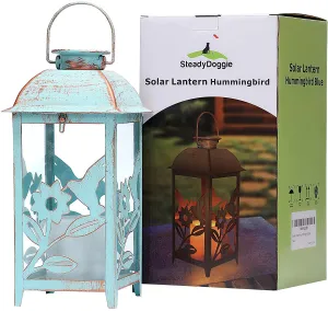 Solar Lantern Outdoor Hummingbird Blue Decor Antique Metal And Glass Construction Mission