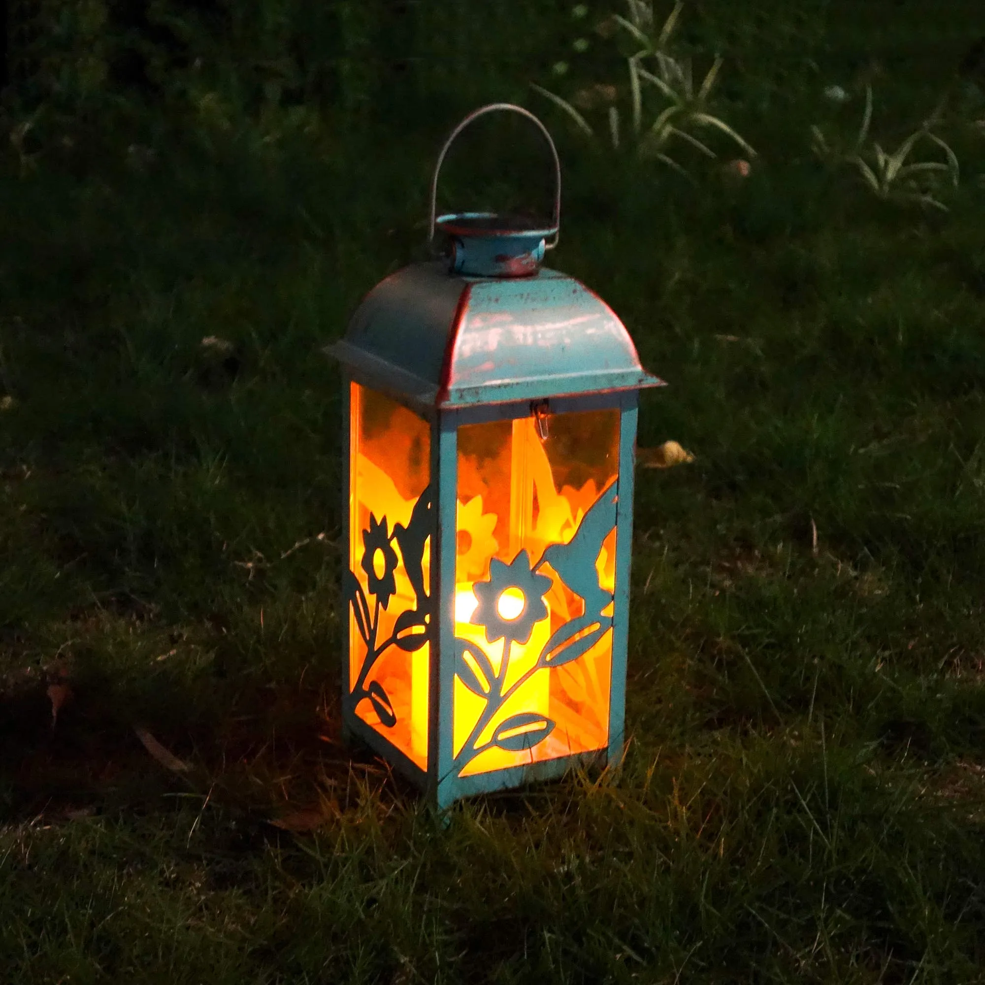 Solar Lantern Outdoor Hummingbird Blue Decor Antique Metal And Glass Construction Mission