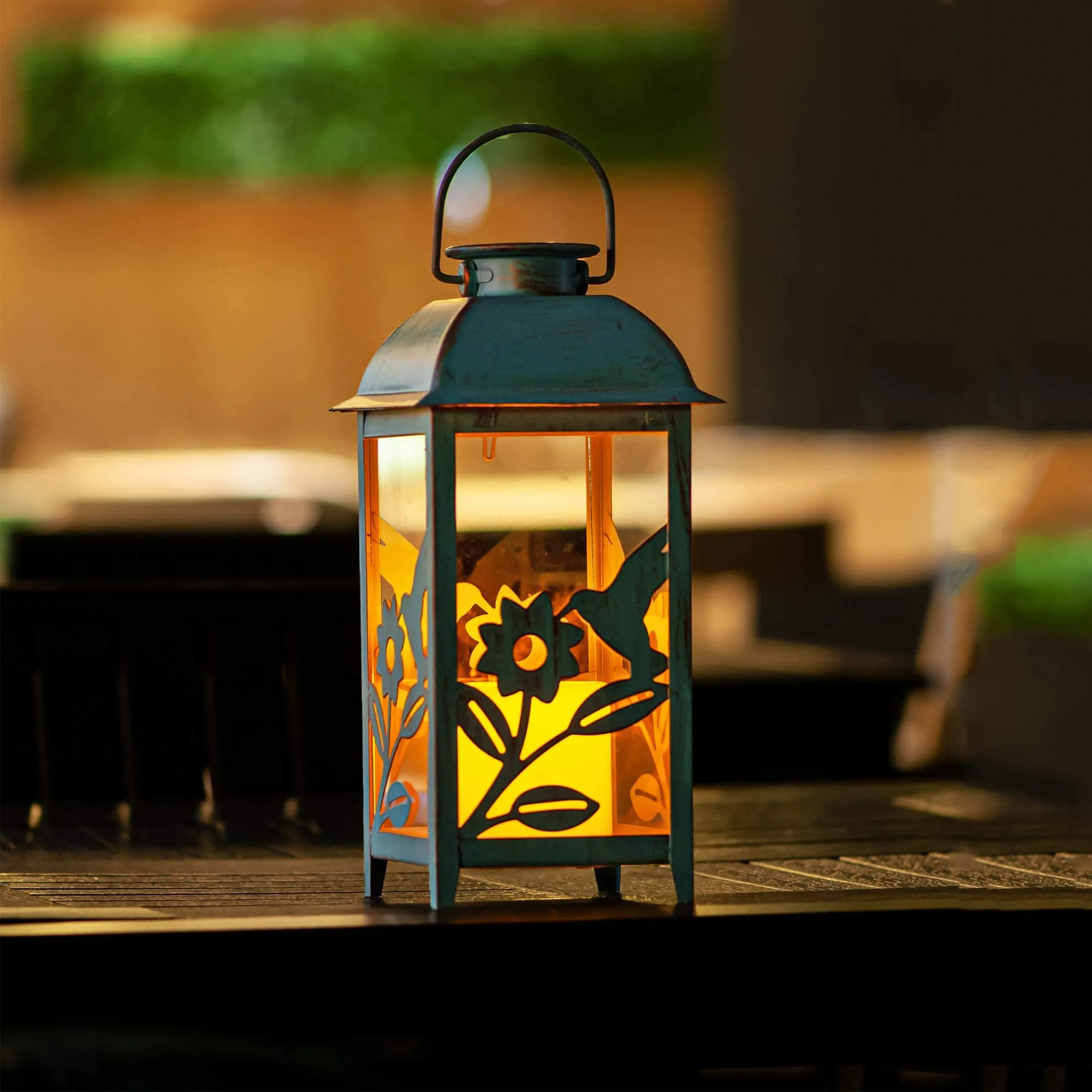 Solar Lantern Outdoor Hummingbird Blue Decor Antique Metal And Glass Construction Mission