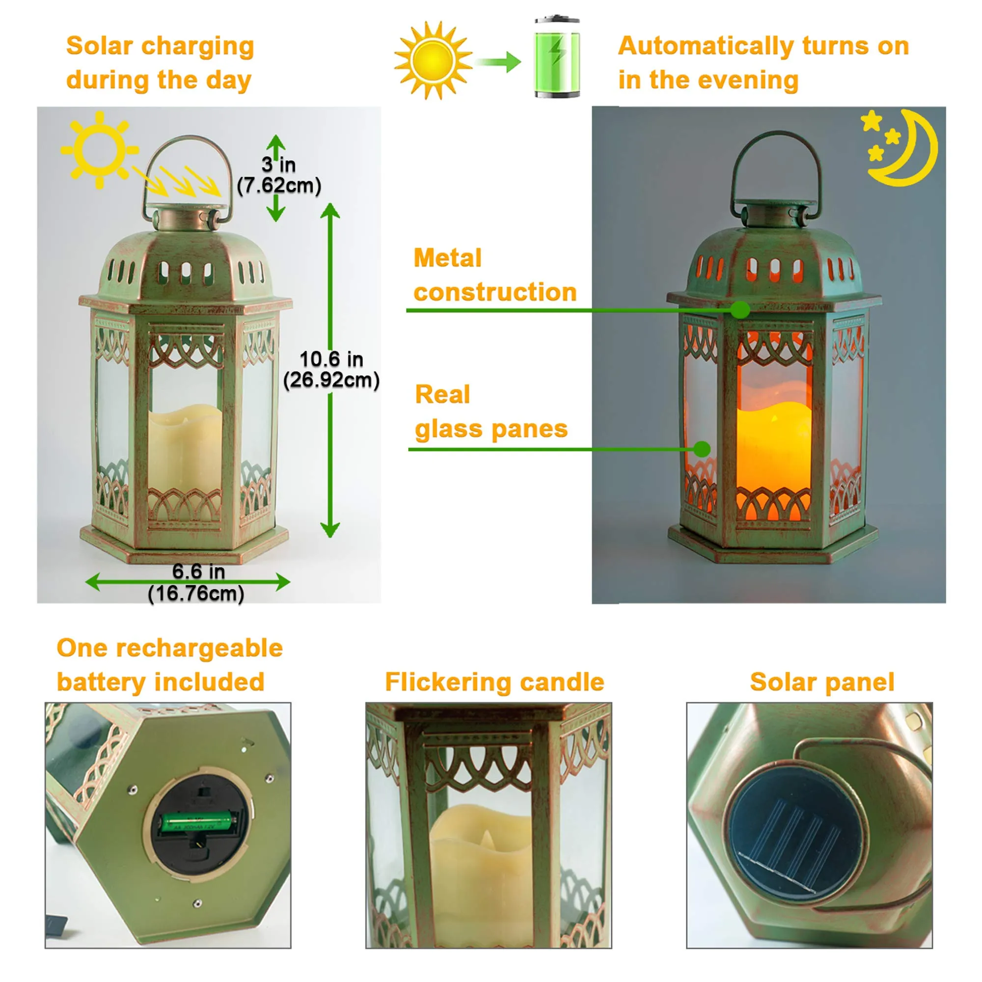 Solar Lanterns 2 Pack Green - Hanging Solar Lights With Flickering Candle Led - Retro