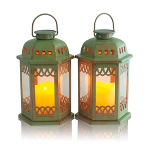 Solar Lanterns 2 Pack Green - Hanging Solar Lights With Flickering Candle Led - Retro