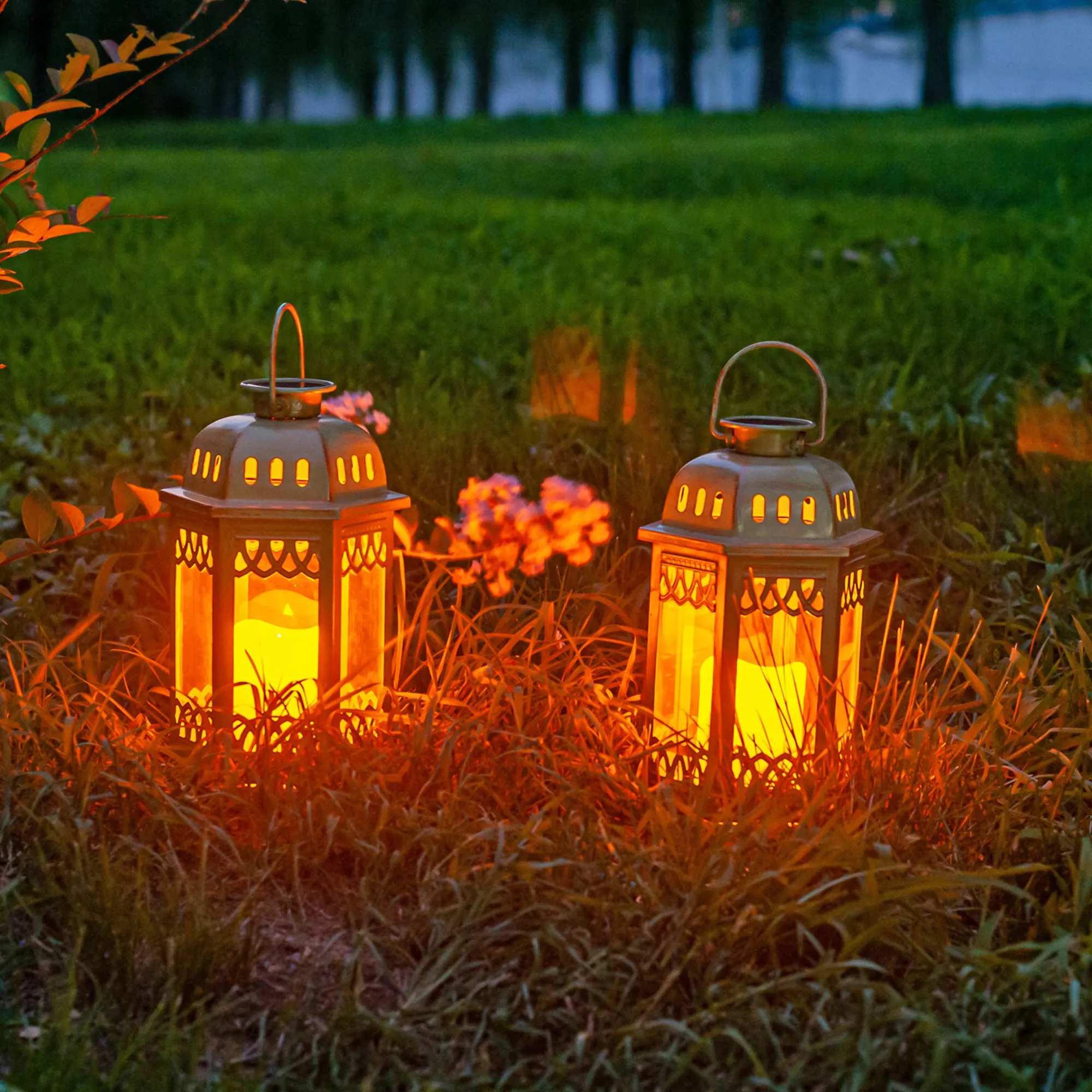 Solar Lanterns 2 Pack Green - Hanging Solar Lights With Flickering Candle Led - Retro