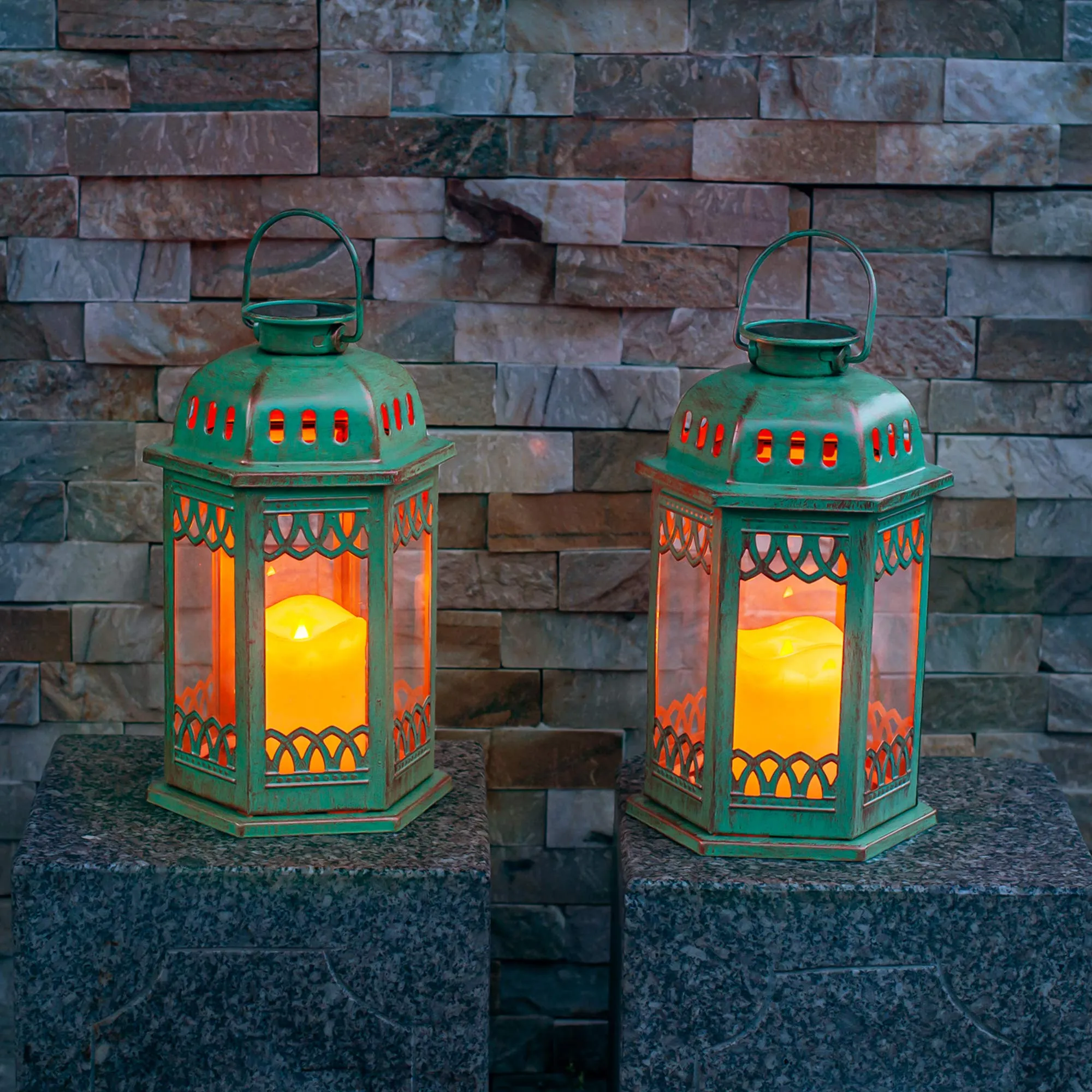 Solar Lanterns 2 Pack Green - Hanging Solar Lights With Flickering Candle Led - Retro