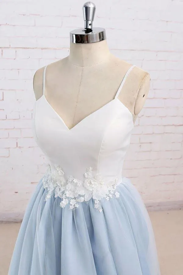 Spaghetti Straps Sweep Train Backless Light Blue Tulle Prom Dress PG498