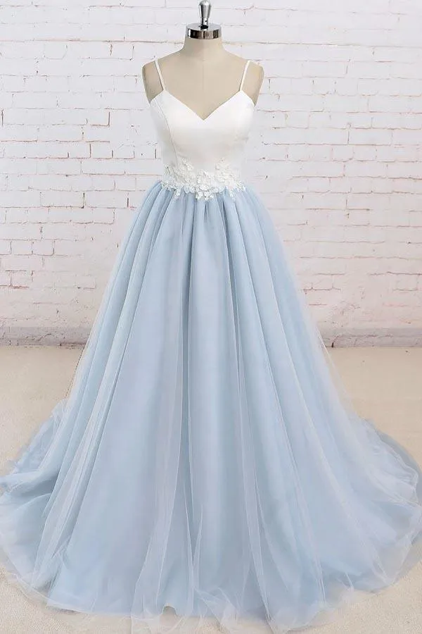 Spaghetti Straps Sweep Train Backless Light Blue Tulle Prom Dress PG498