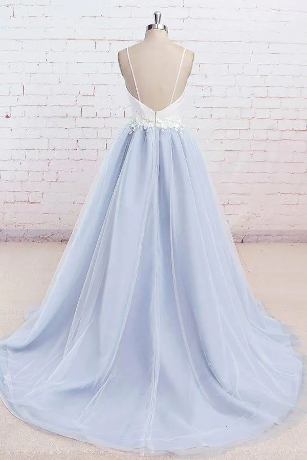 Spaghetti Straps Sweep Train Backless Light Blue Tulle Prom Dress PG498