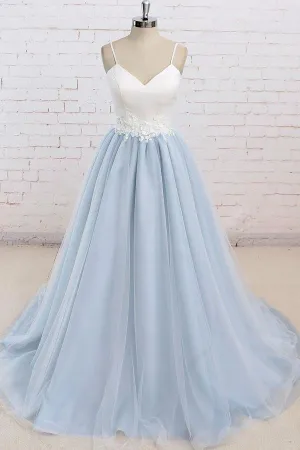 Spaghetti Straps Sweep Train Backless Light Blue Tulle Prom Dress PG498