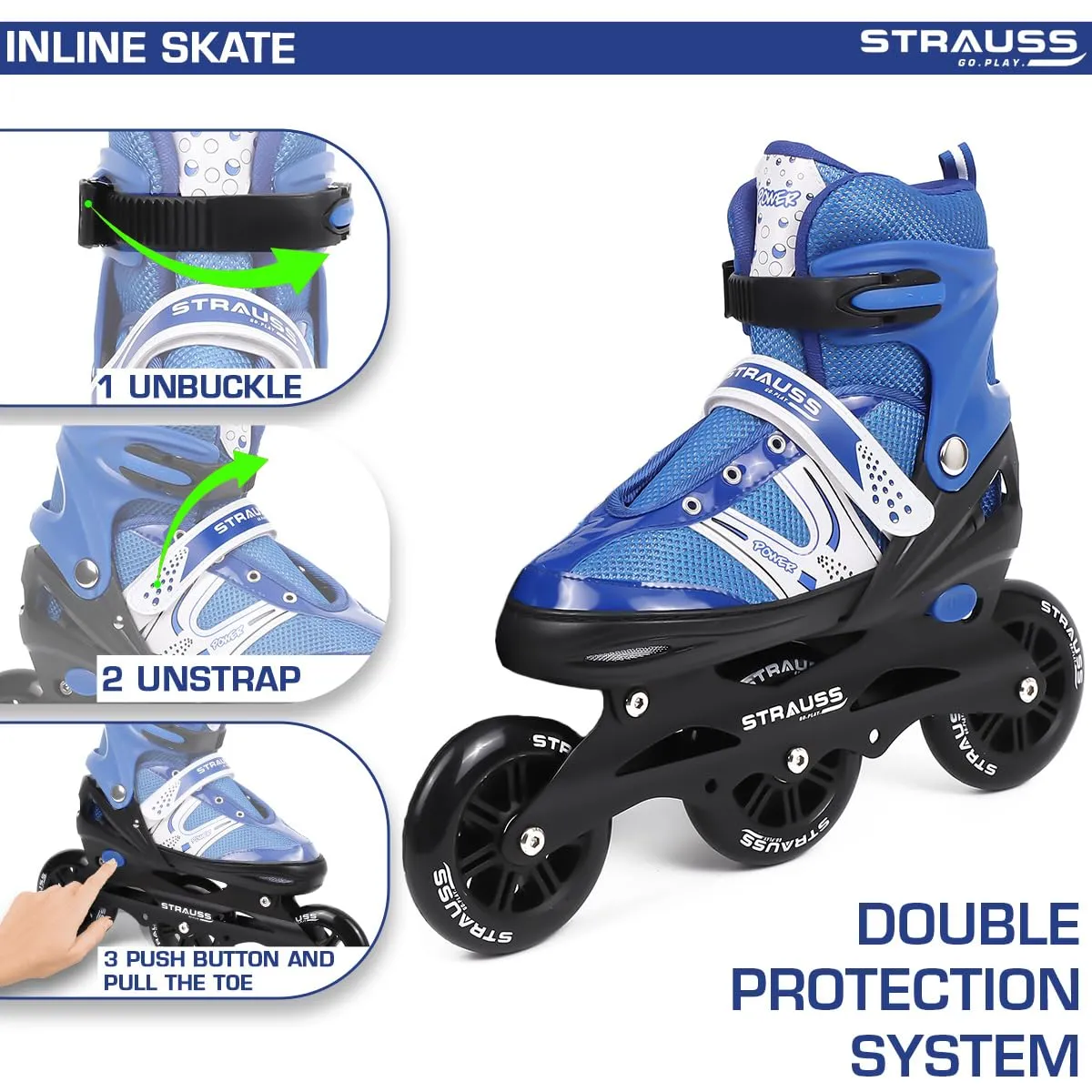 STRAUSS Blaze Adjustable Size Inline Skates | Skating Shoes for Boys & Girls | 3 Wheels |Beginner-Friendly Skating Shoe | Adjustable Roller Blades | Enhanced Stability and Support| Size M,(Blue)