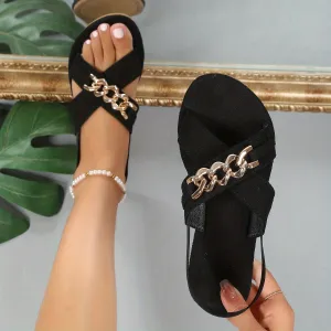 Superior Comfort Cross Strap Metal Chain Flat Sandals