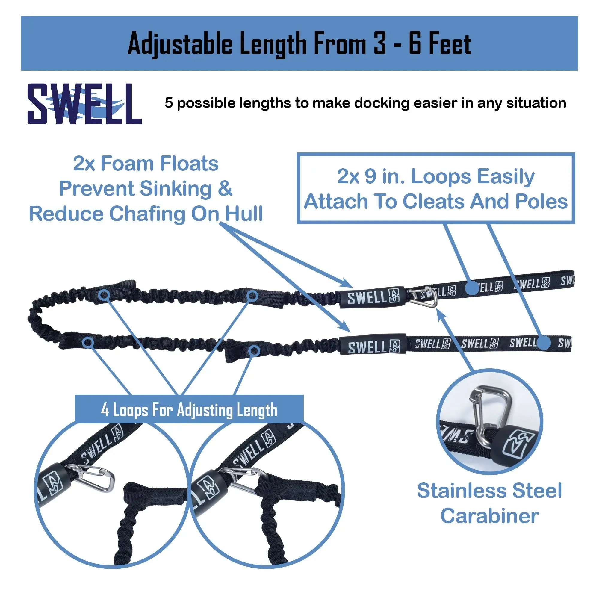 SWELL Wakesurf - Bungee Dock Line 6 ft. - Shock Absorbing, Adjustable Length, Quick Tie Design