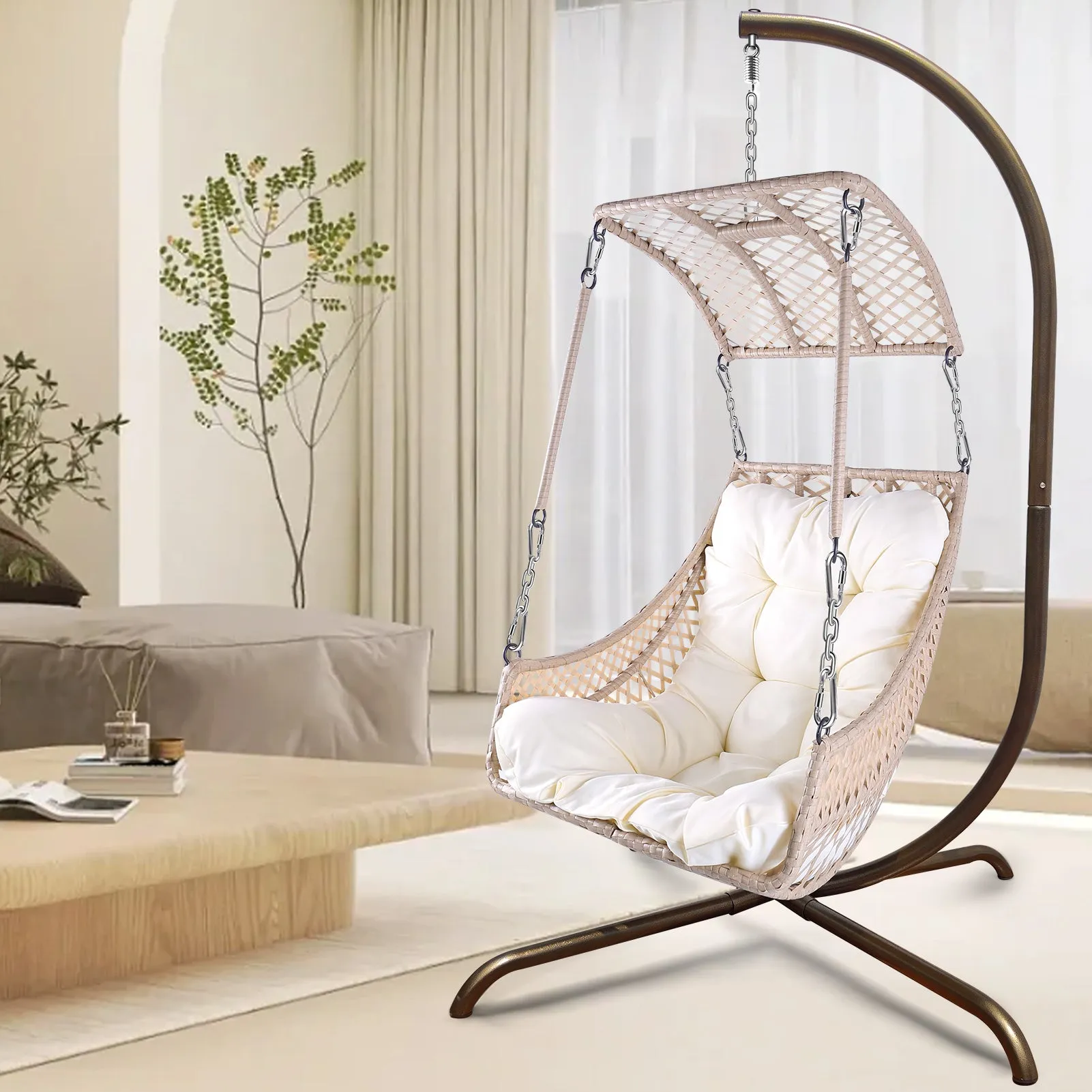 Swing Egg Chair with Stand Indoor Outdoor, UV Resistant Cushion Hanging Chair with Cup Holder, Anti-Rust with Wicker Rattan Frame 350lbs Capacity Hammock Chair for Patio Bedroom-Beige, New Design